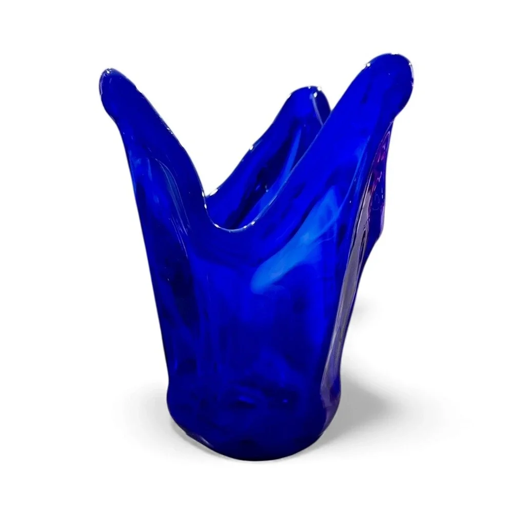 Vibrant Cobalt Blue Swirl Art Glass Vase Sculptural Modern Decor